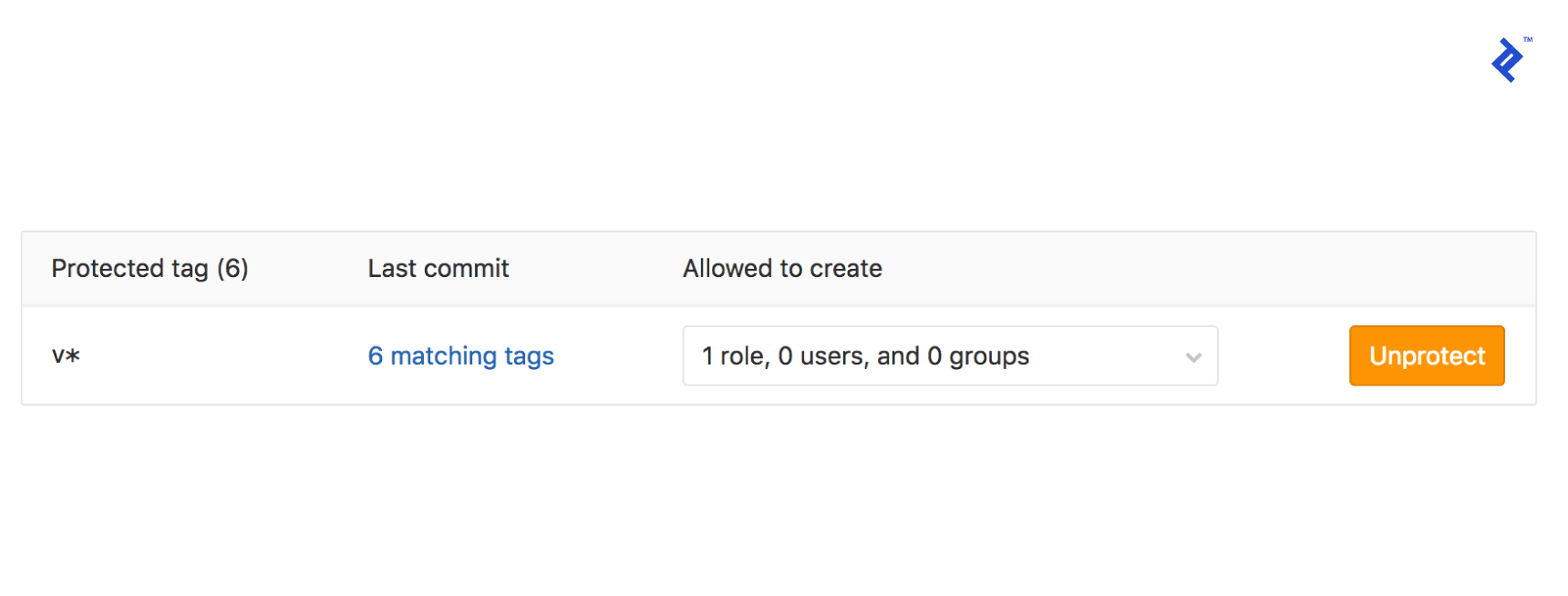 Image of the version tag being added to protected tags in the repository settings page