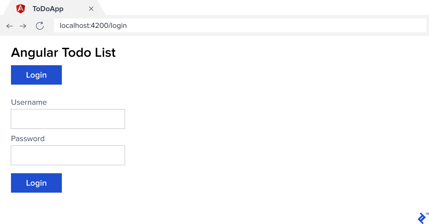 The login screen of our sample Angular Todo List app.