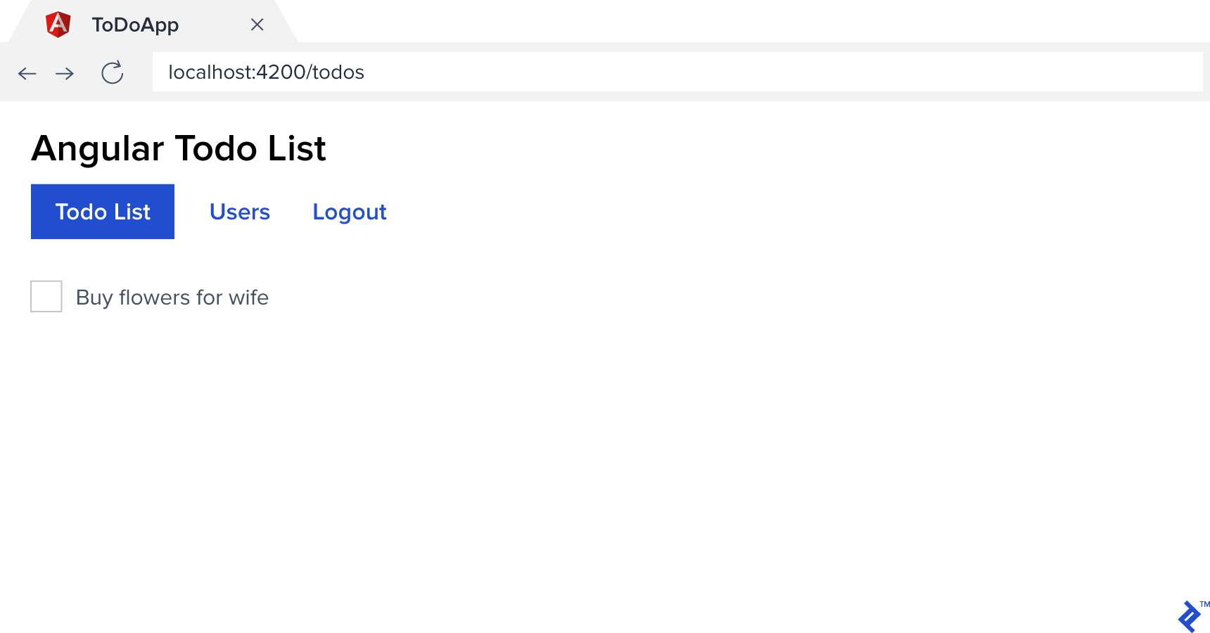 Our Angular Todo List app leveraging the JWT to show the todo list of the logged-in user, rather than the one we had hardcoded earlier.