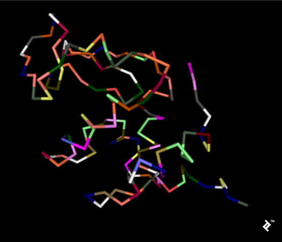 Simplified protein backbone colored by amino acids where cysteines are yellow