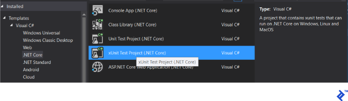 List of projects in the tests folder by template.