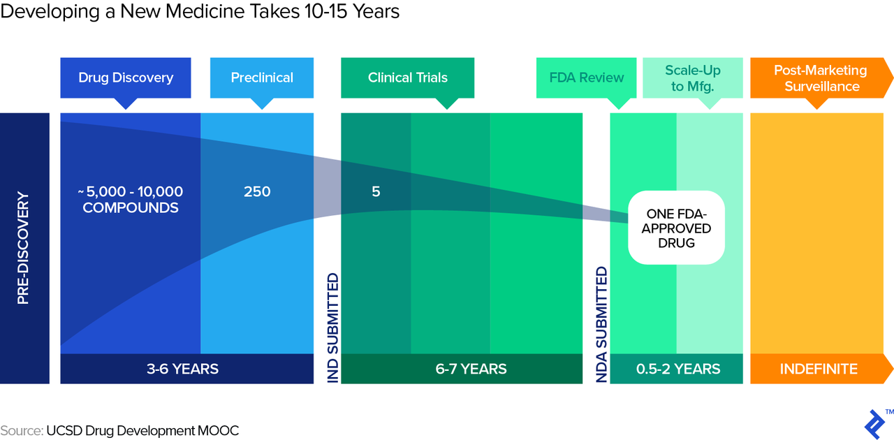 A graphic representation of how developing a new medicine takes ten to fifteen years