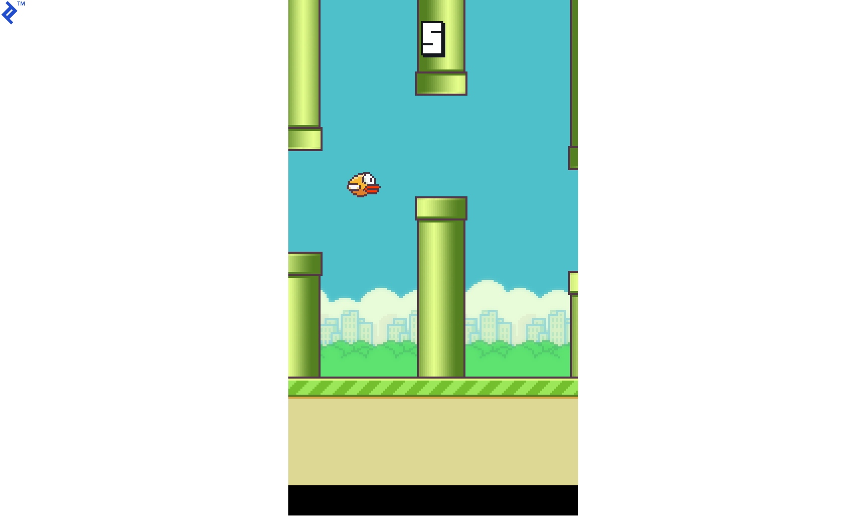 A screenshot from FlapPyBird, a Flappy Bird clone coded using PyGame