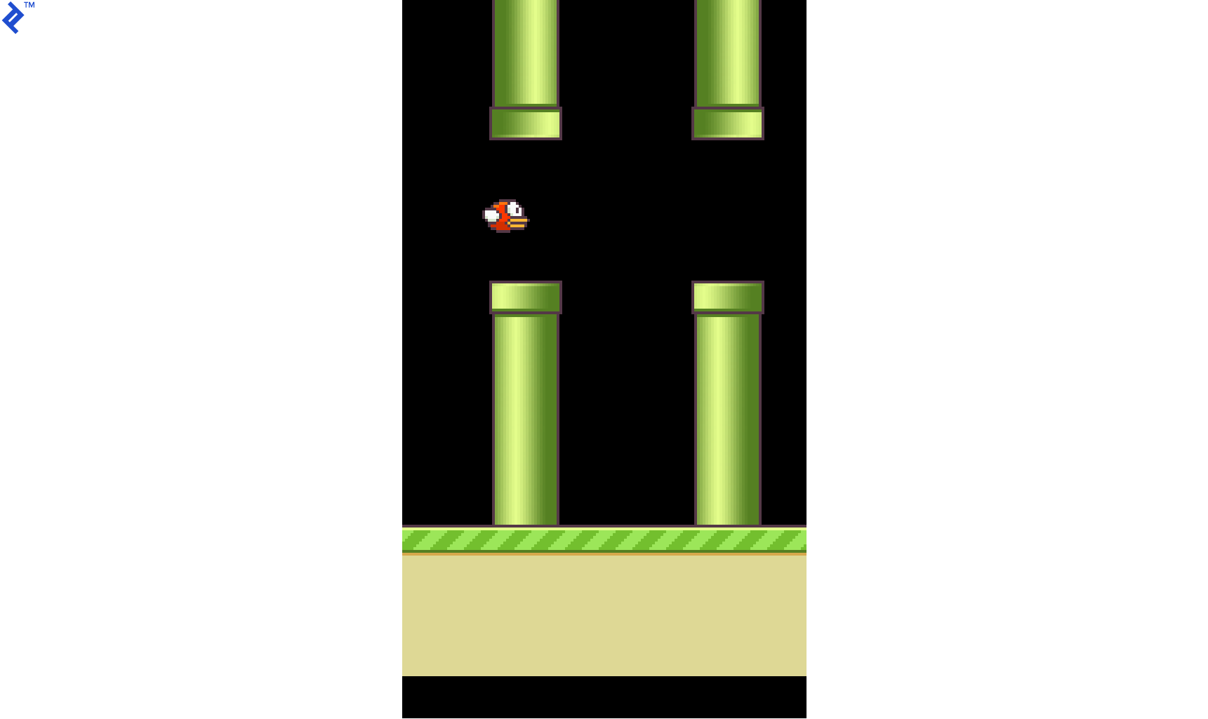 A screenshot of DeepLearningFlappyBird, a fork of the clone with simplified graphics