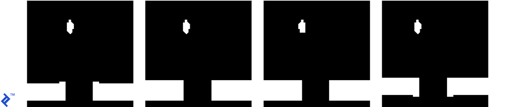 Four consecutive black-and-white frames of the Flappy Bird clone, as fed directly to a neural network