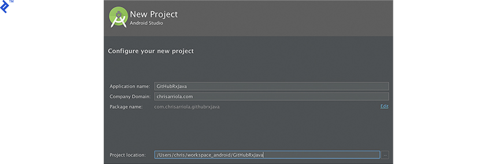 Screen shot: Create a new Android project