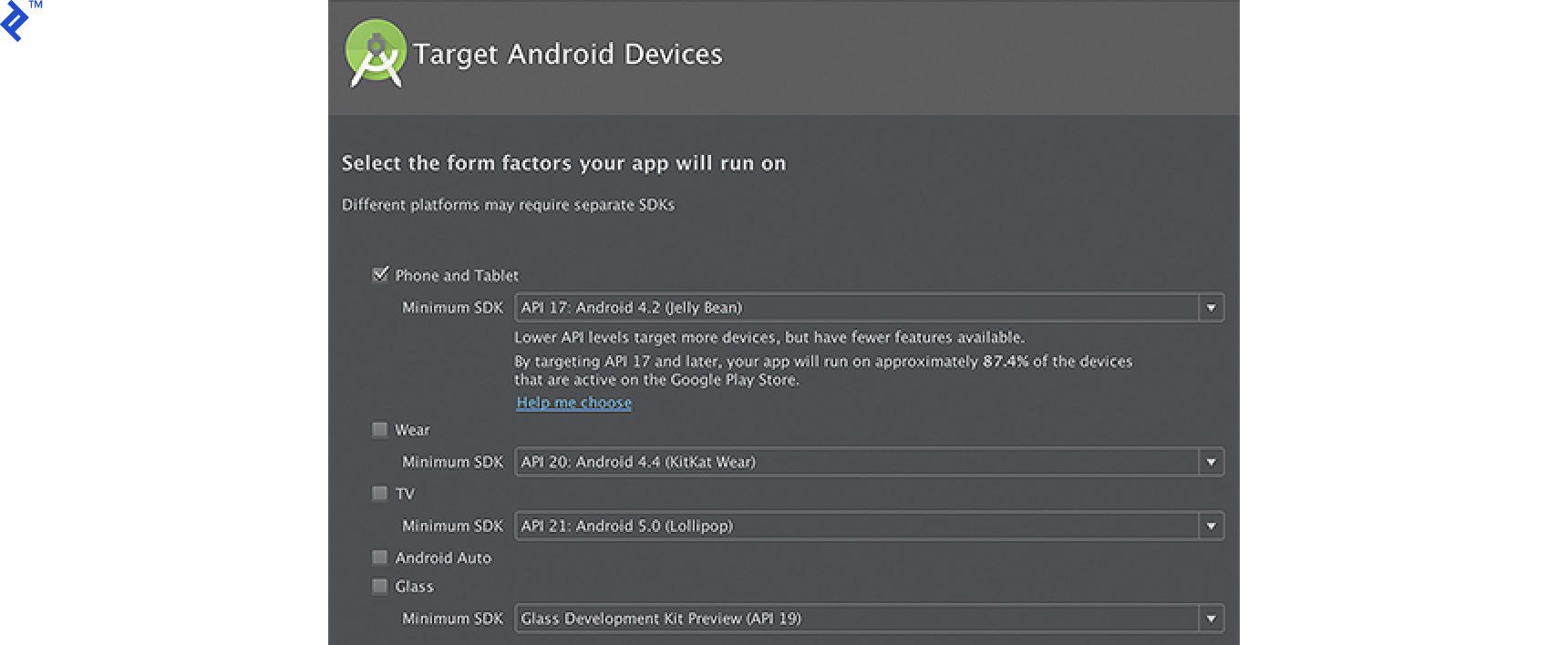 Screen shot: Target Android Devices screen