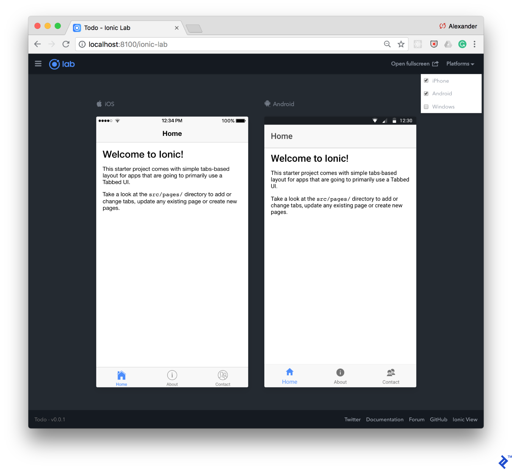 The debugging UI of Ionic Lab, showing iOS and Android simulations