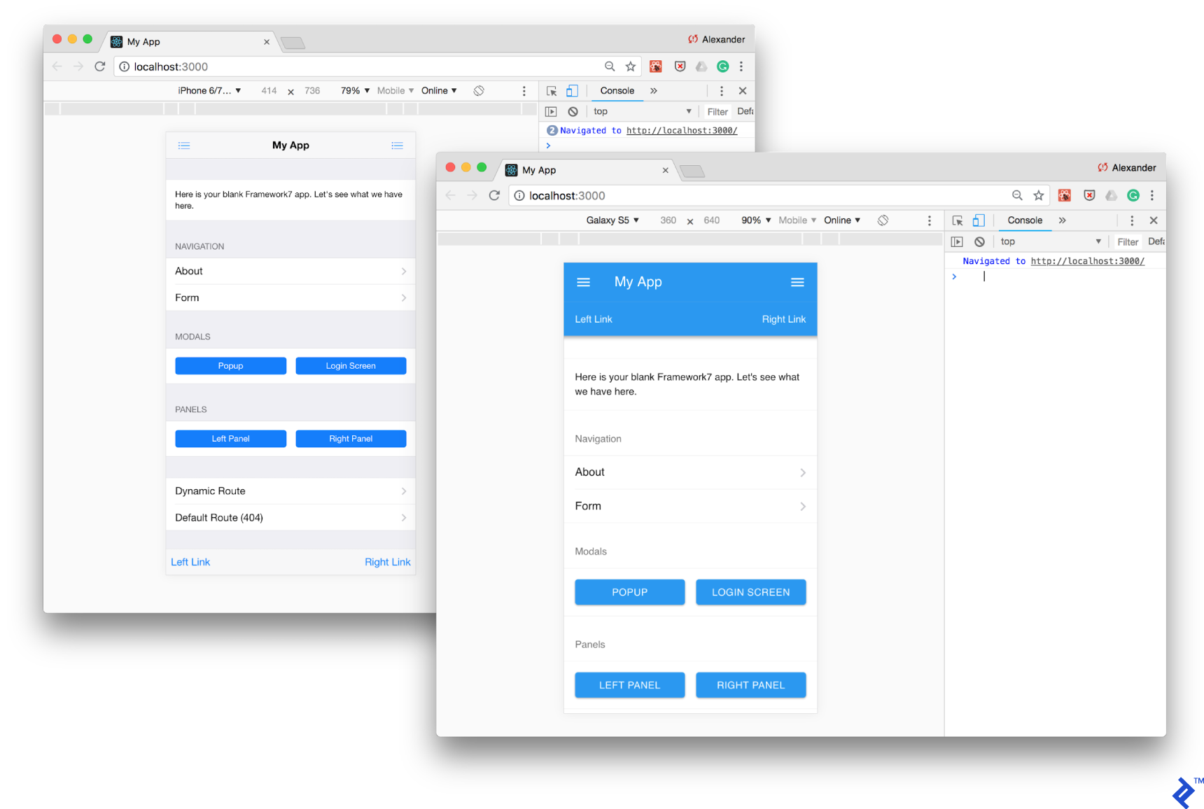 A Framework7 application running in Chrome DevTools' Device Mode for iOS and Android