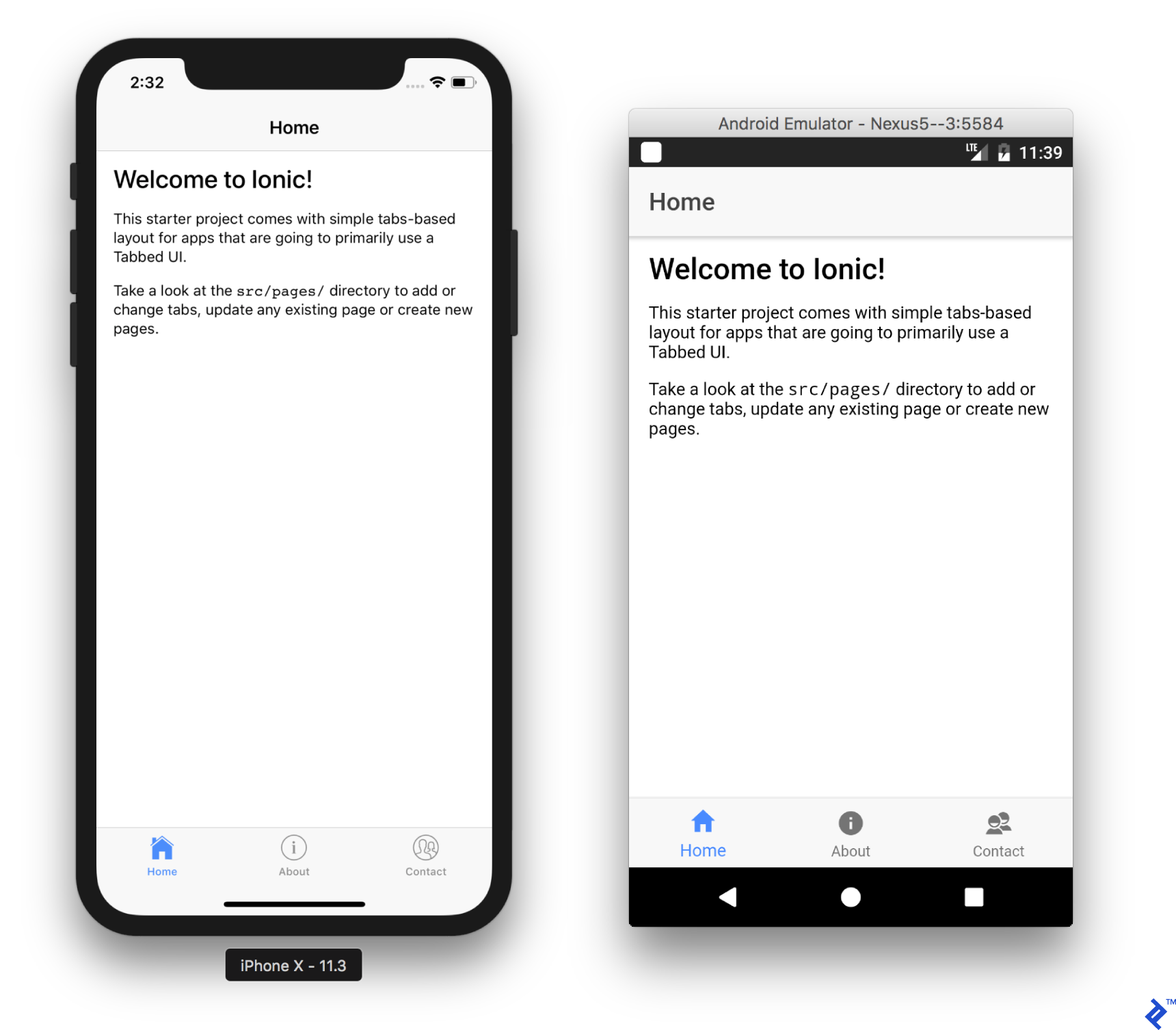 iOS and Android emulators with Cordova application based on Ionic installed