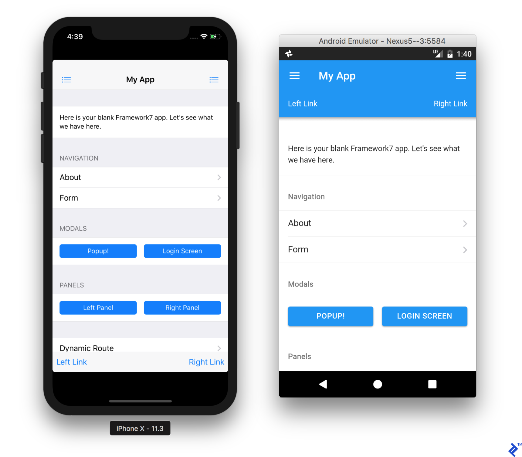 iOS and Android emulators with the Framework7-based Cordova application installed