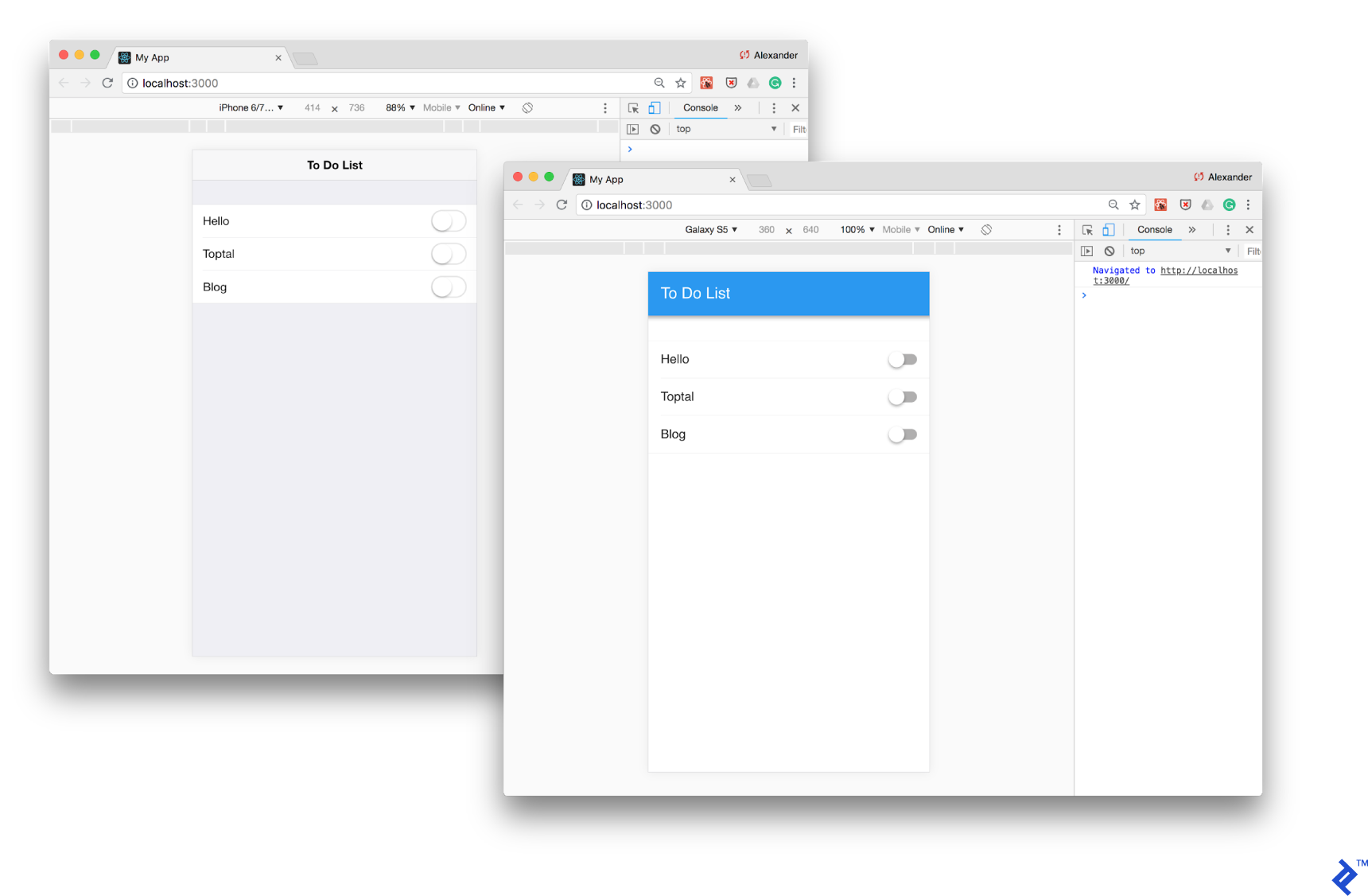 Our static To Do List layout test running in Framework7, simulated by Chrome DevTools in Android and iOS modes