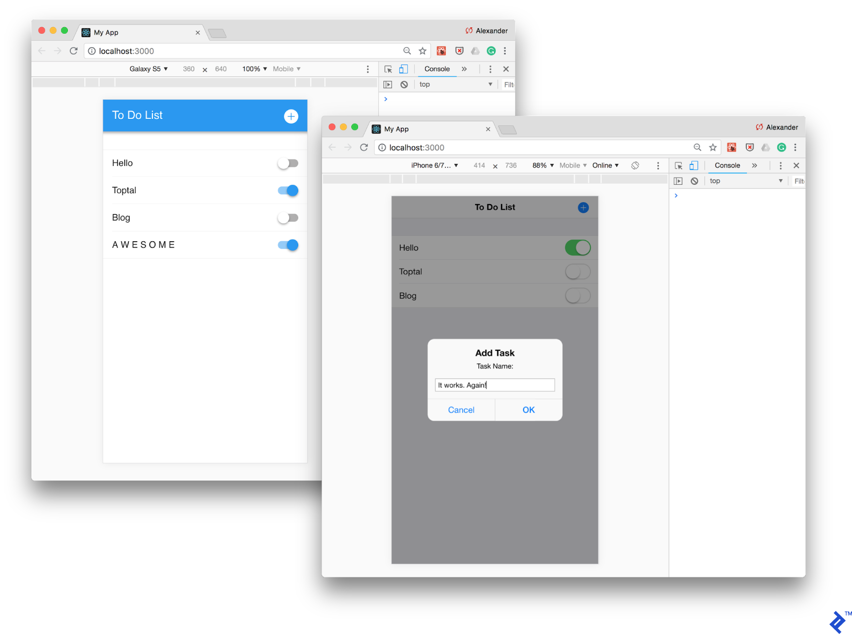 Our To Do application running via Framework7, simulated by Chrome DevTools in Android and iOS modes