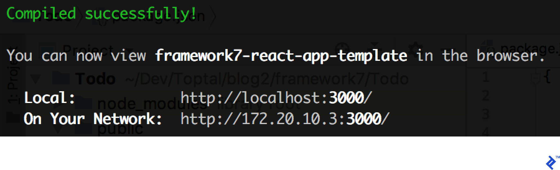 "npm start" process output for Framework7