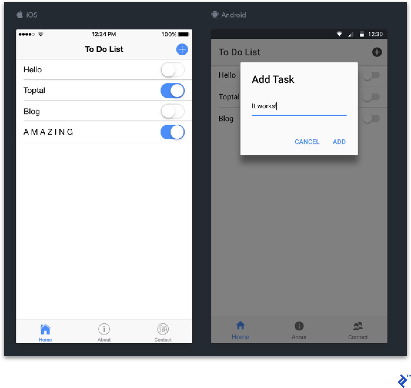 Our To Do application, simulated via Ionic Lab in Android and iOS modes