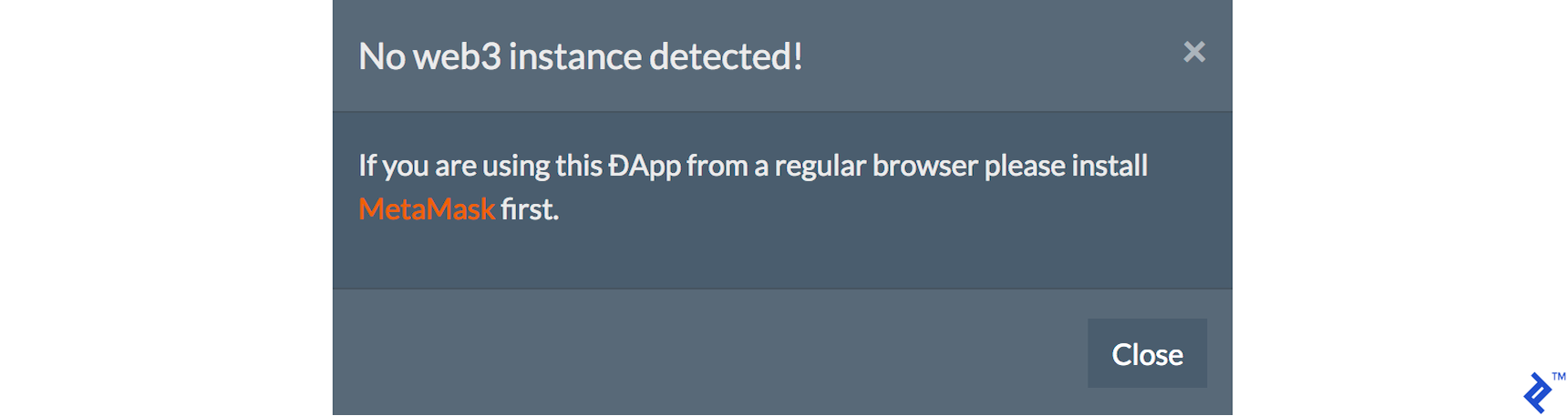 Popup for when no web3 instance is found, suggesting the user install MetaMask