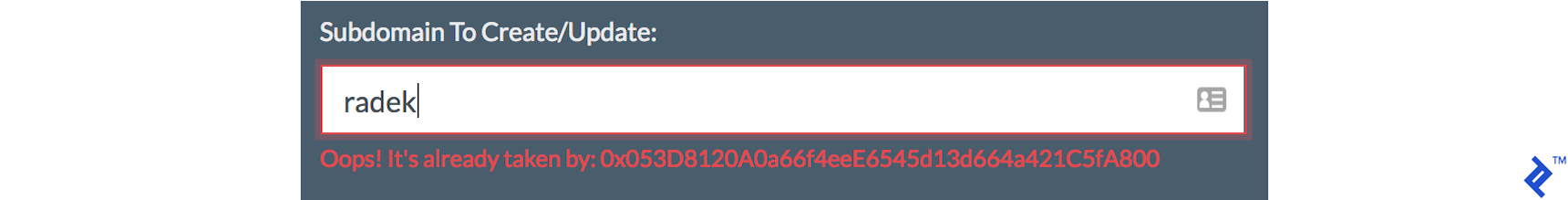 "Subdomain taken" message in our ĐApp
