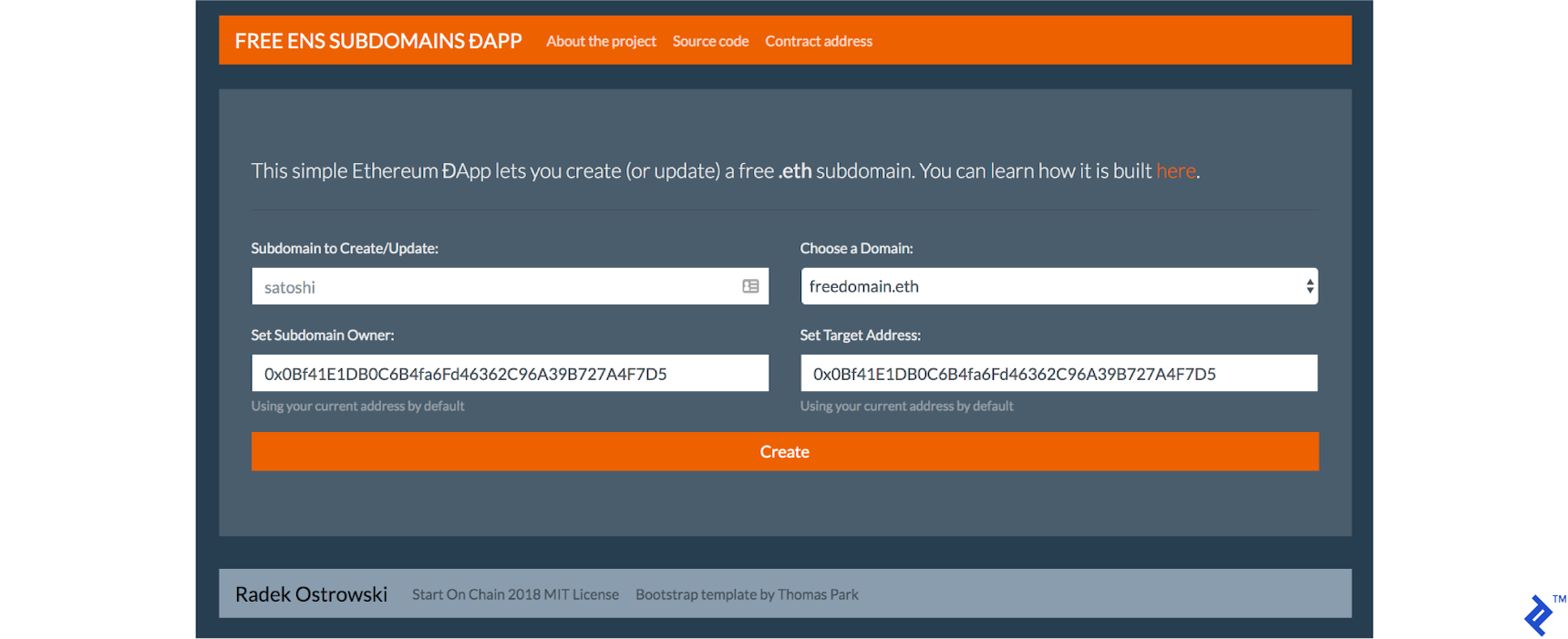 The "Free ENS Subdomains" ĐApp UI