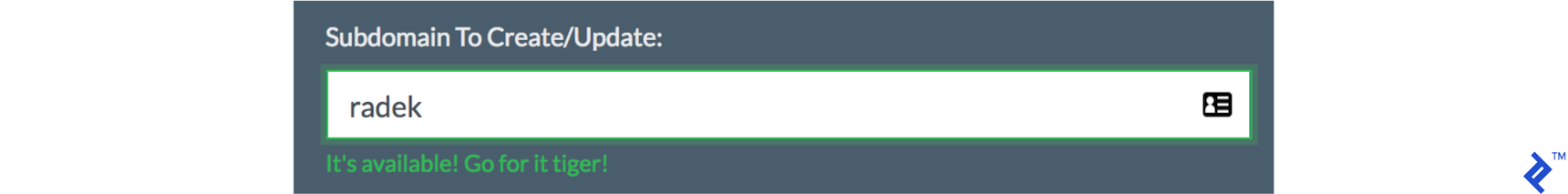 "Subdomain is available" message in our ĐApp