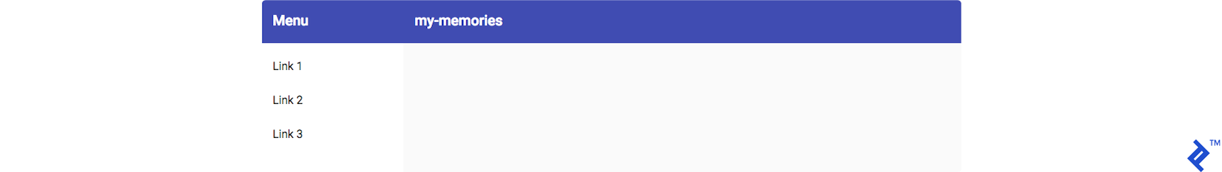 A four-pane layout with Menu in the upper-left corner, my-memories beside it, and three numbered links under Menu; the fourth pane is empty