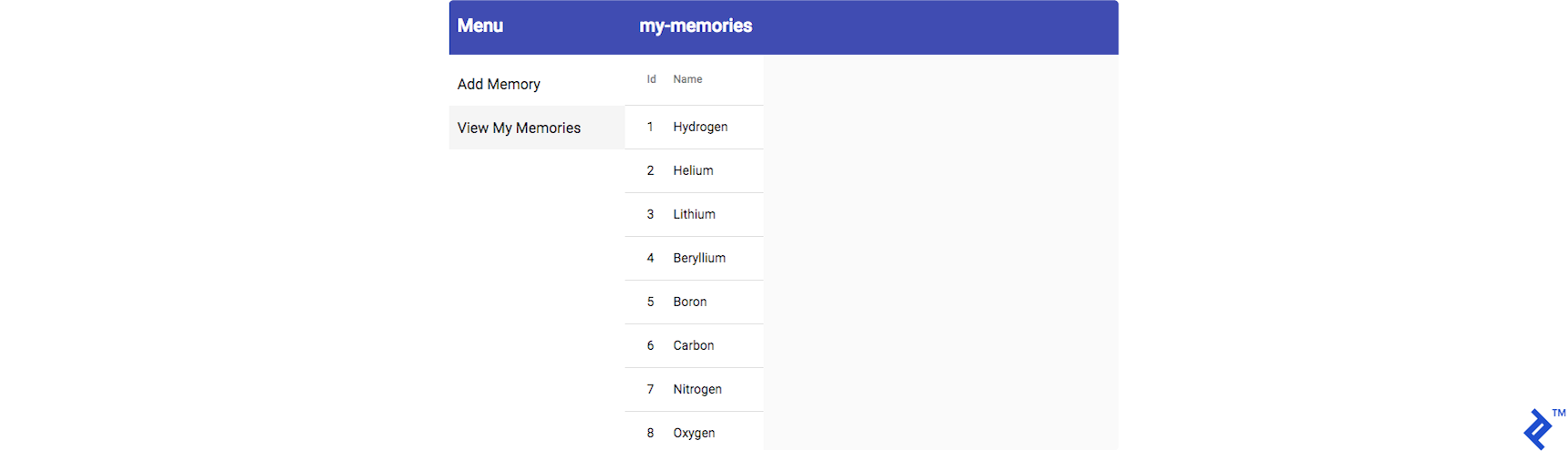 The left-hand links have been replaced with Add Memory and View My Memories, with the latter selected. The empty pane now has a table with id numbers and names.