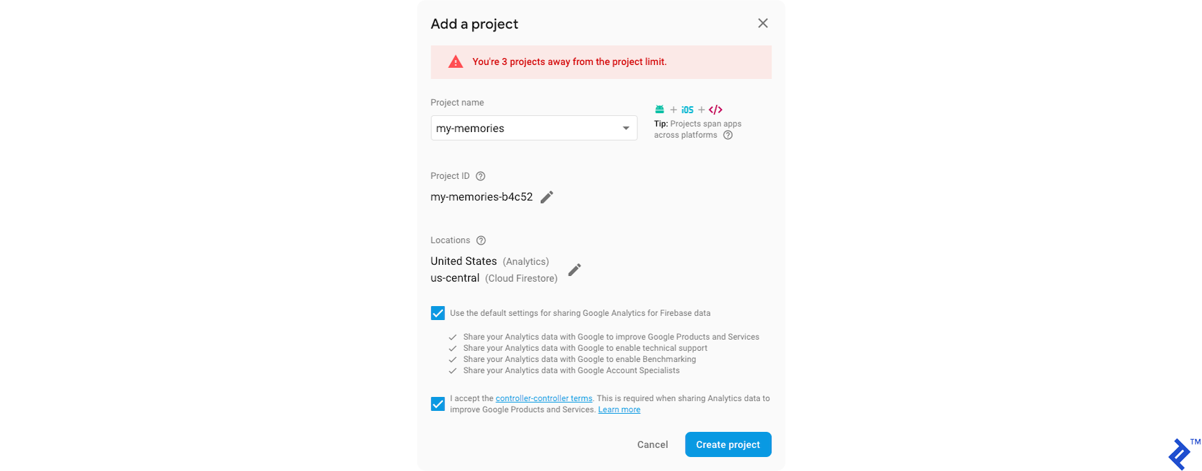 Adding a Firebase project.