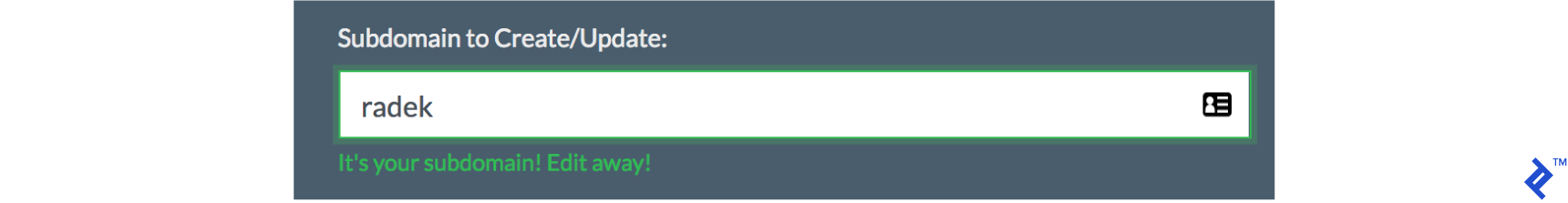 "Subdomain is yours" message in our ĐApp
