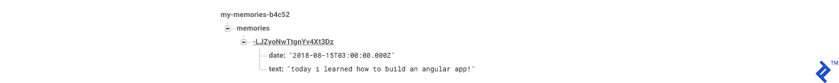 Our test memory added to our diary app's Firebase database.
