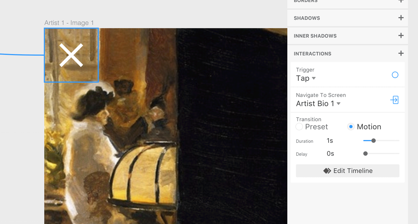 InVision Studio App Interaction Panel