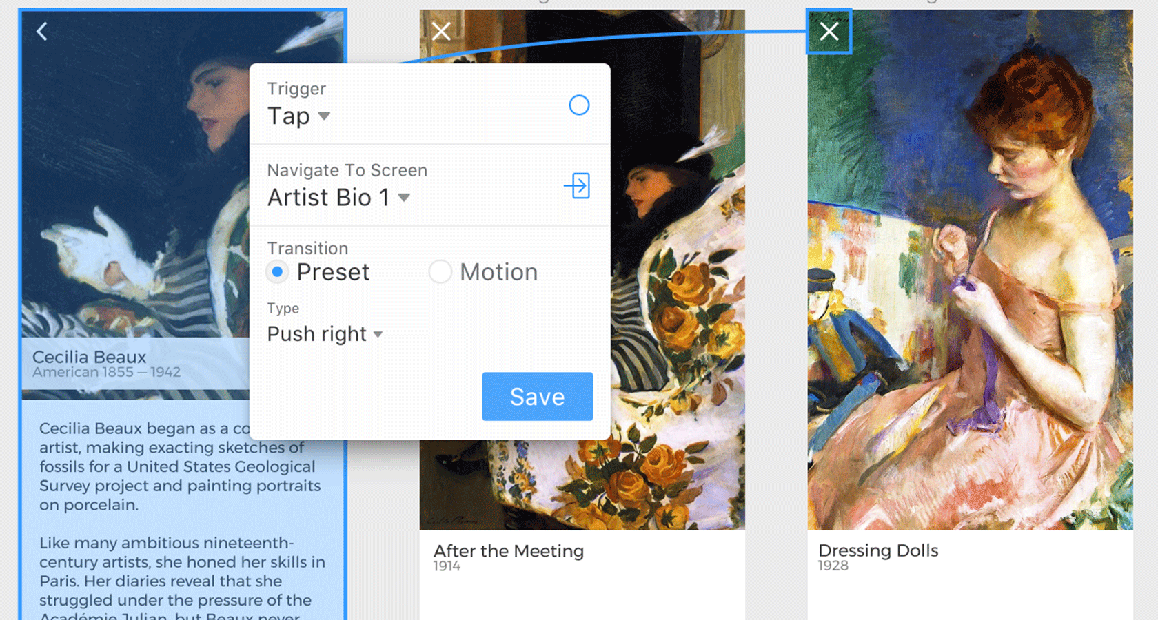 Link the close button back to the bio screen InVision Studio prototyping