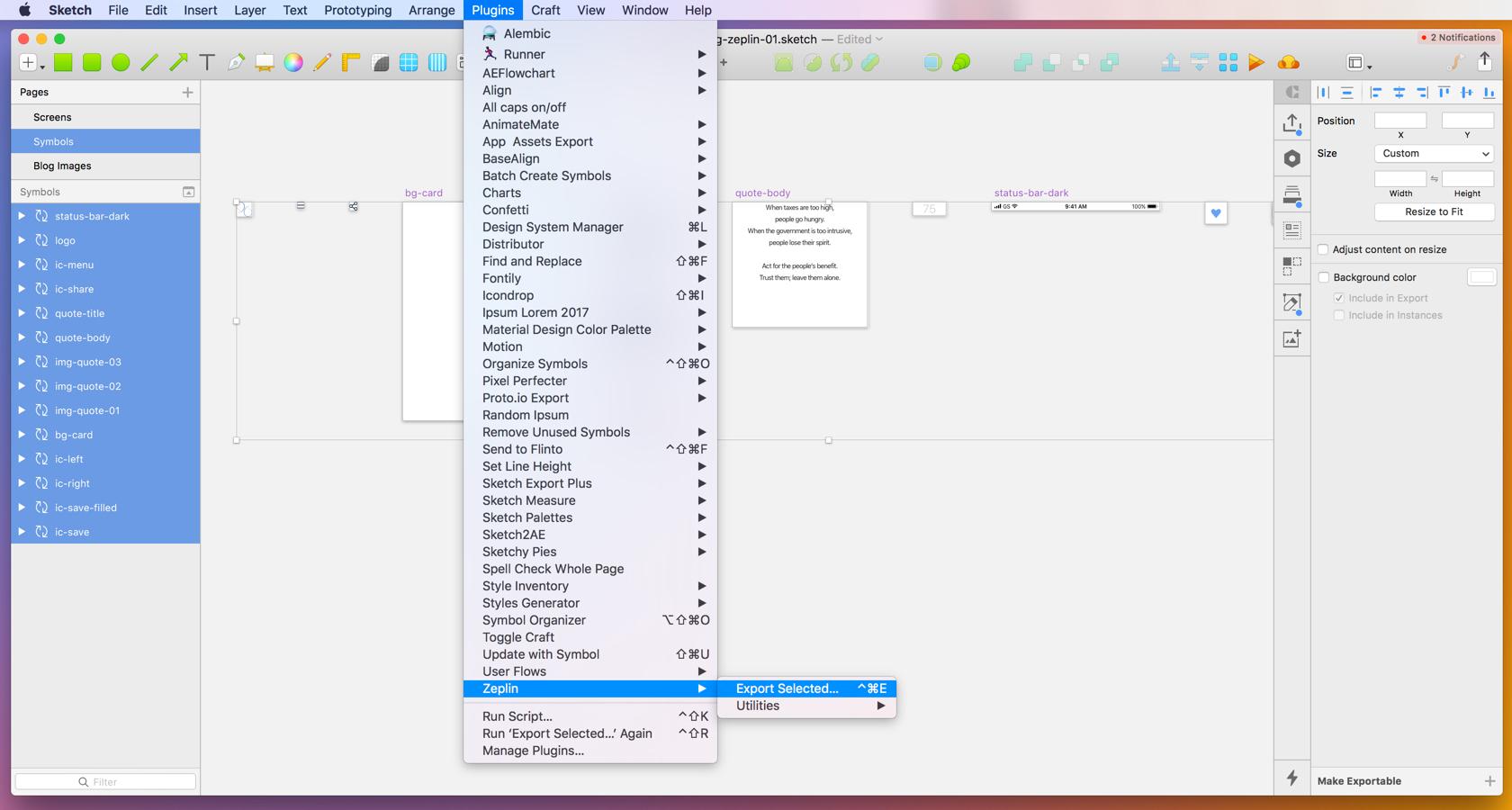 Sketch artboards highlighted and ready to export to Zeplin, where you can manage Sketch assets