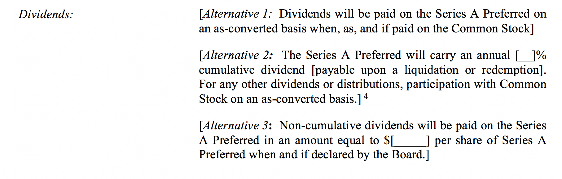 term sheet template dividend clauses