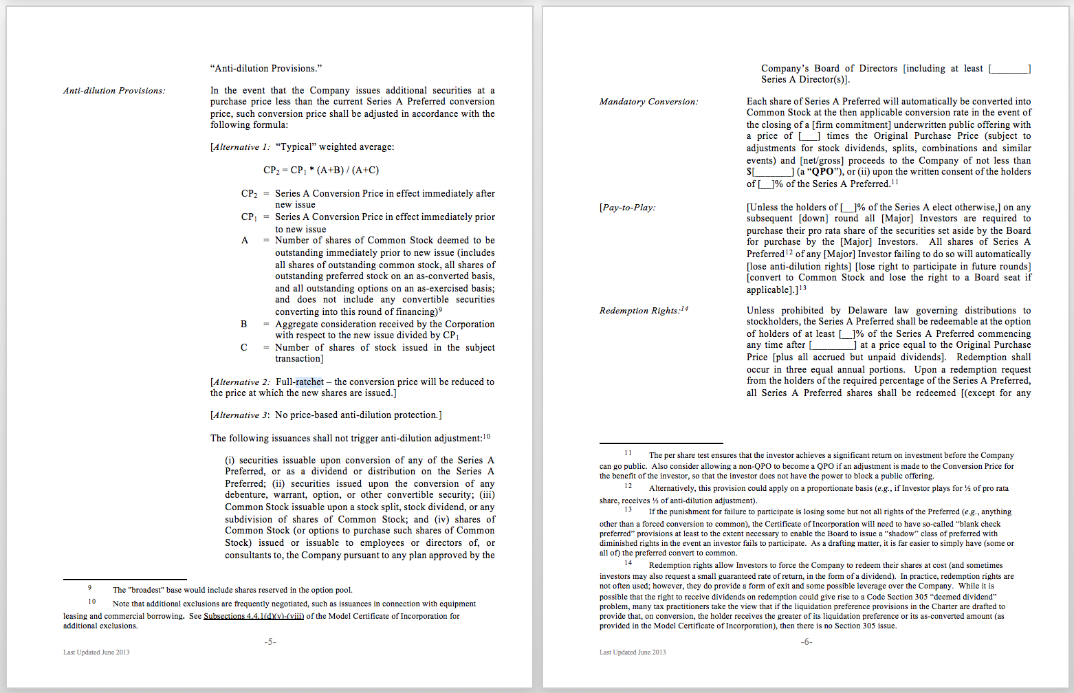 anti-dilution measures in venture financing term sheets