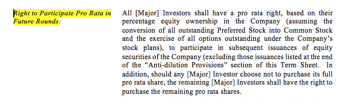 term sheet wording for pro-rata and super pro-rata rights