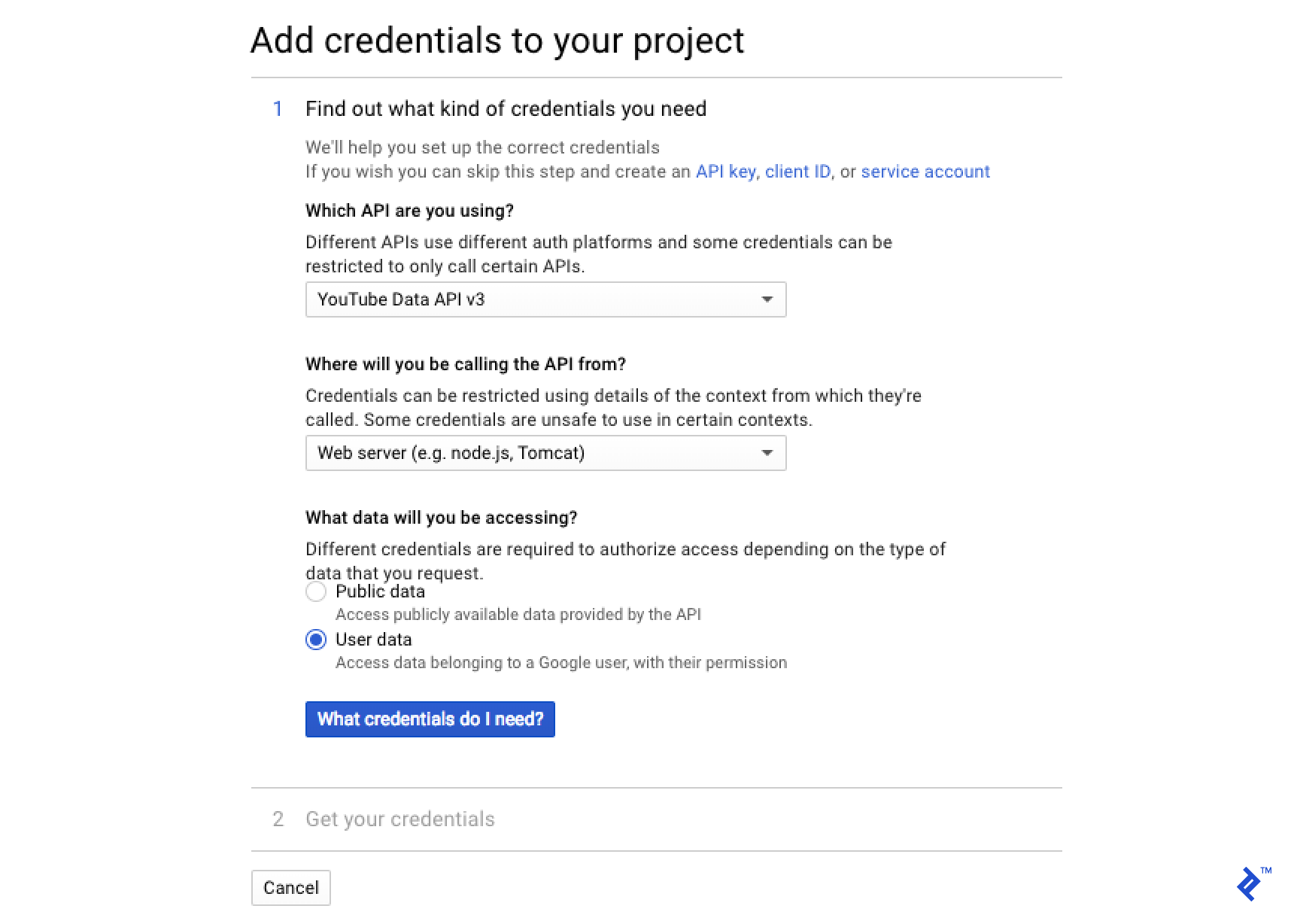 Click on the "Create credentials" blue button