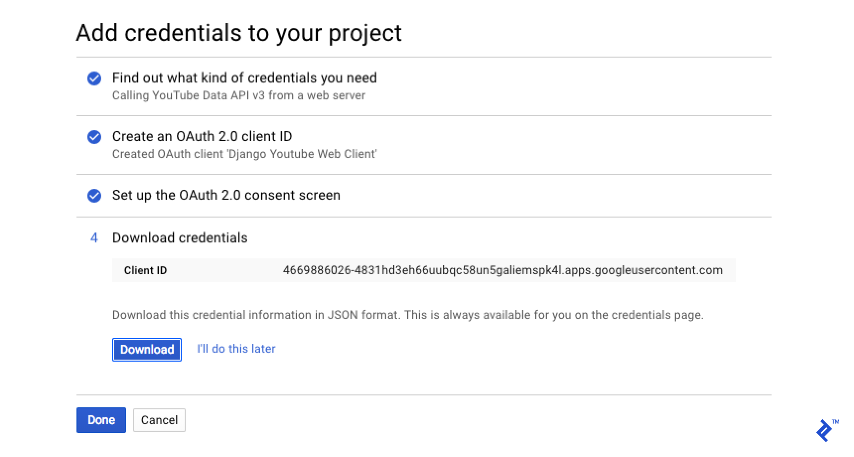 Add authorized JS origins and redirect URIs.