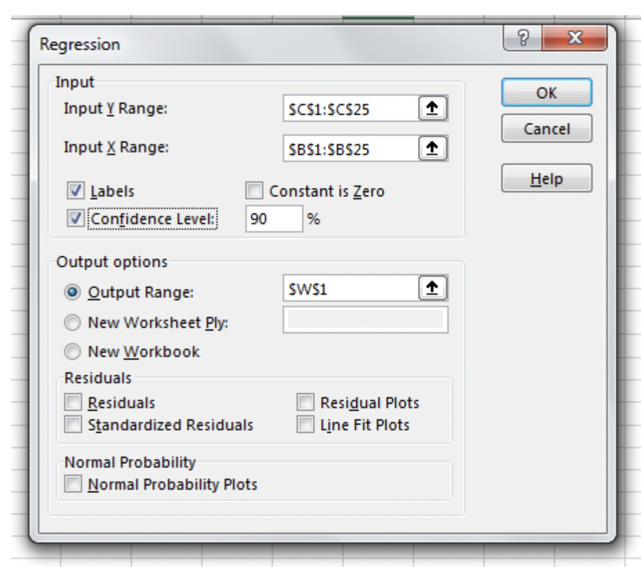 regression options in excel