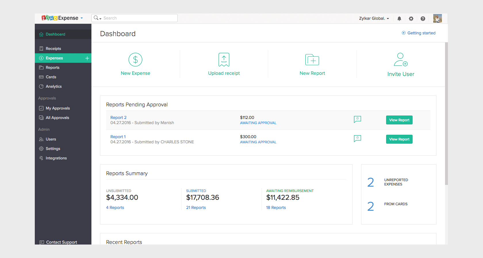 Zoho expense report software B2B UX
