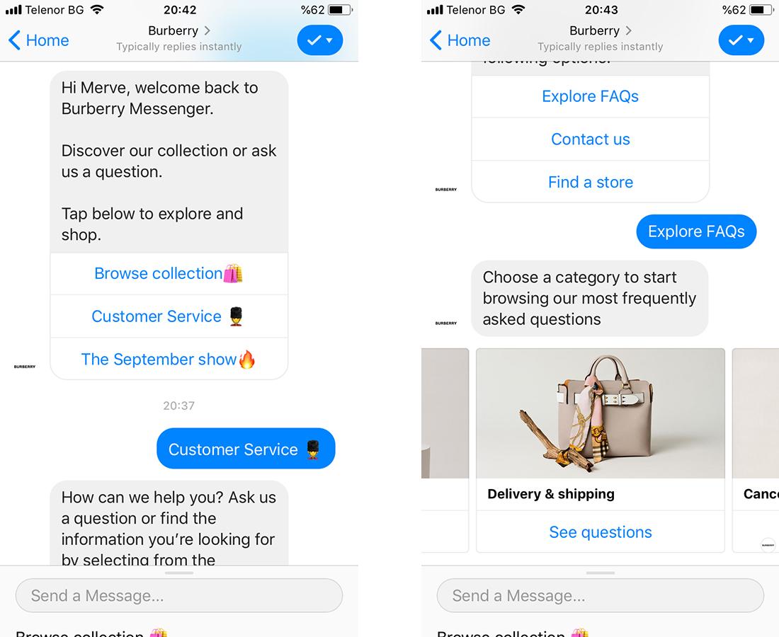 Burberry customer service chatbot UX