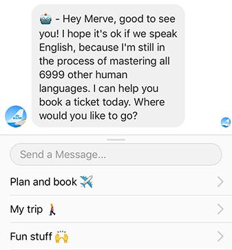 KLM Messenger Chatbot App menu