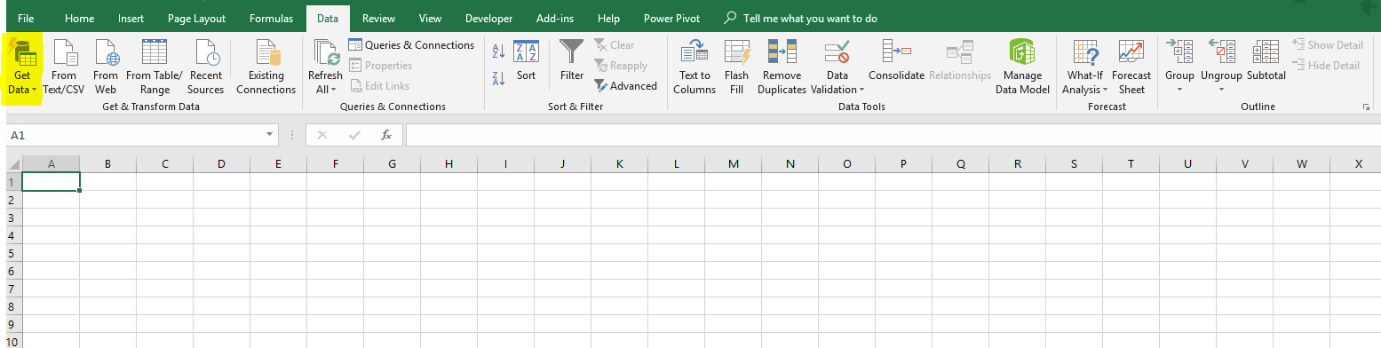 Screenshot of how to access the Get and Transform feature from Excel 2016's Data tab