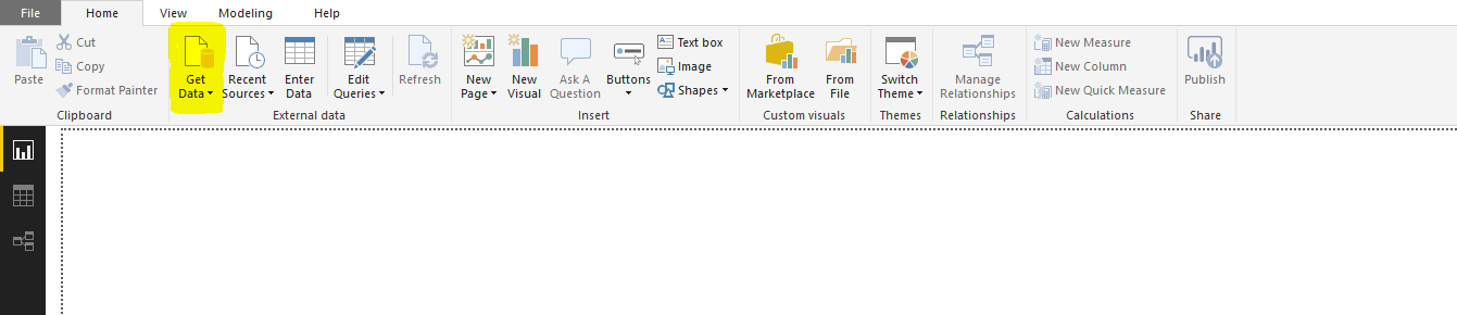 Screenshot of how to access the Get and Transform feature from the Home tab in the External Data section in Power BI