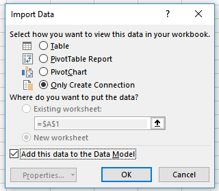 Screenshot of the Import Data options window