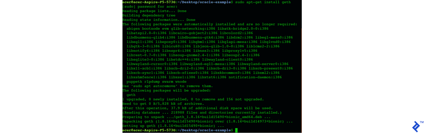 Screenshot of Geth installation
