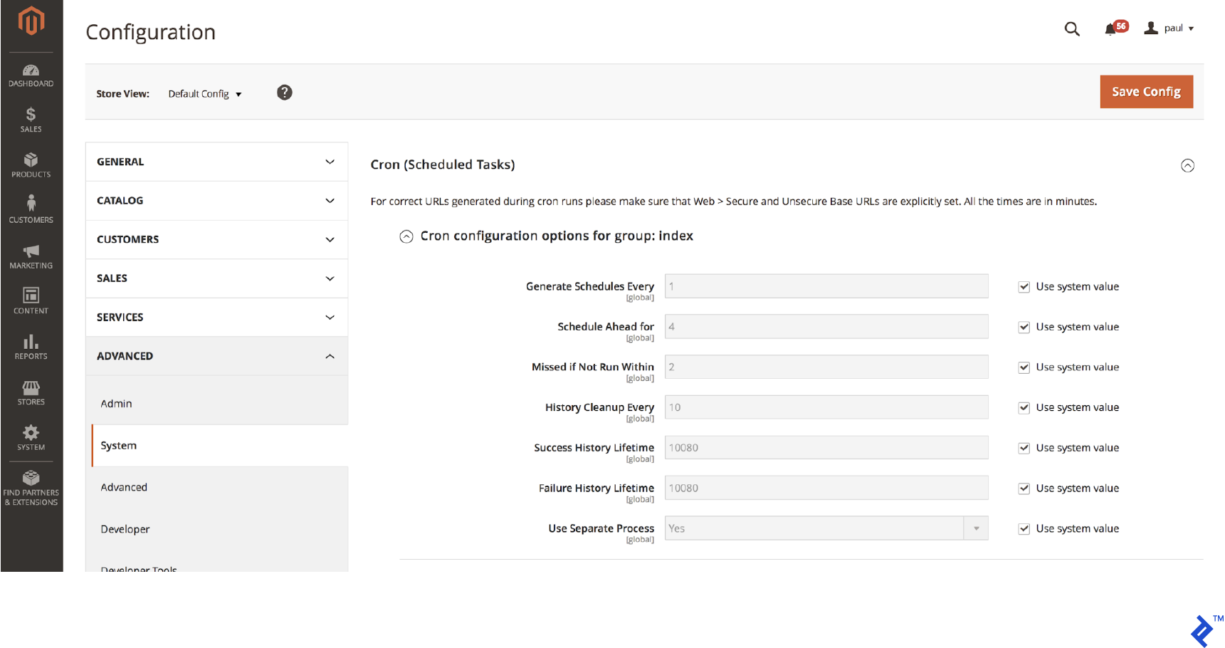 Magento cron configuration dialog