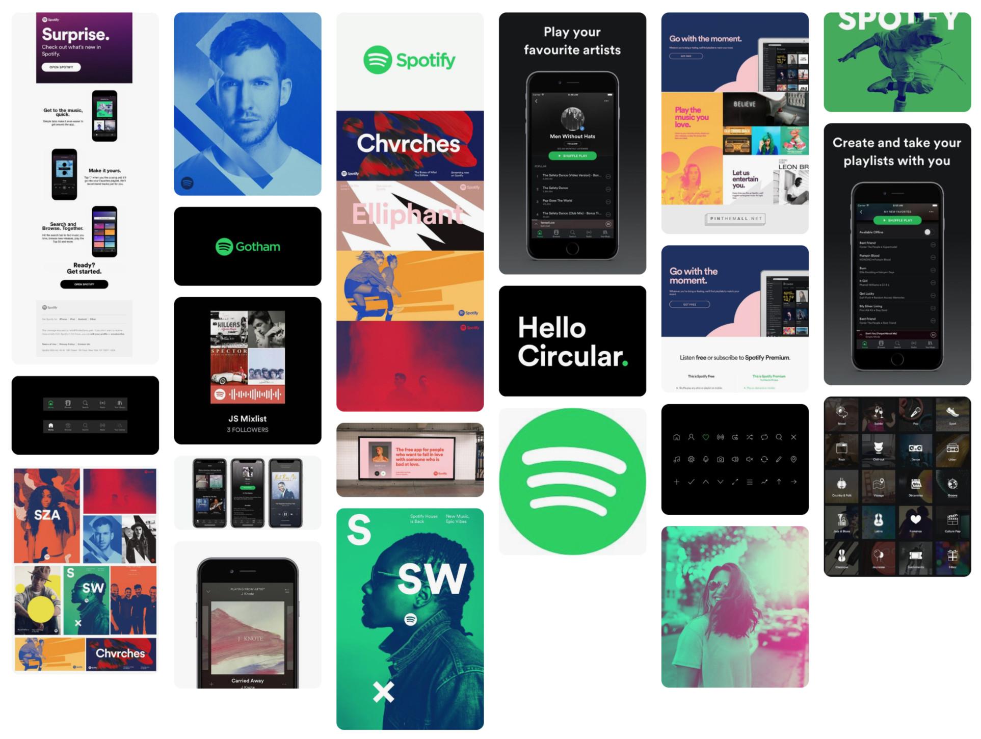 Spotify brand designs - the best UX design portfolios show work based on solid UX design principles.