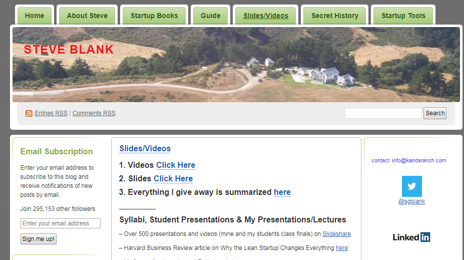 Screenshot of Steve Blanks' website