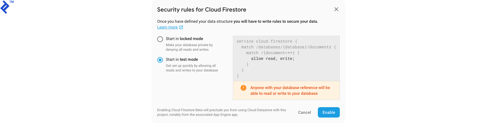 The "Security rules for Cloud Firestore" dialog, with "Start in test mode" selected instead of "Start in locked mode."