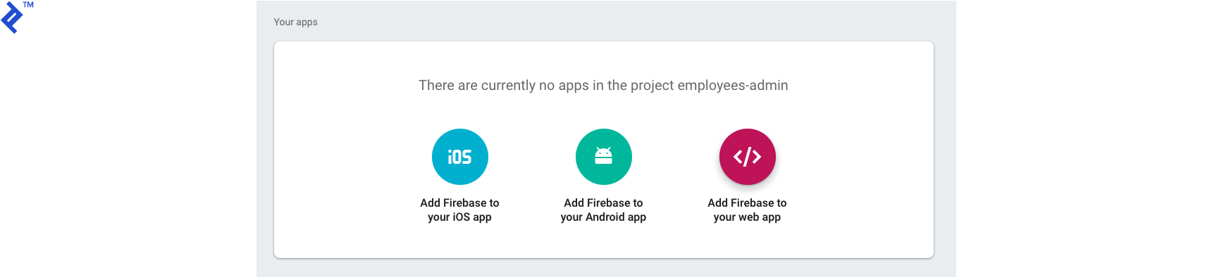 Empty apps listing for the new Firebase project.