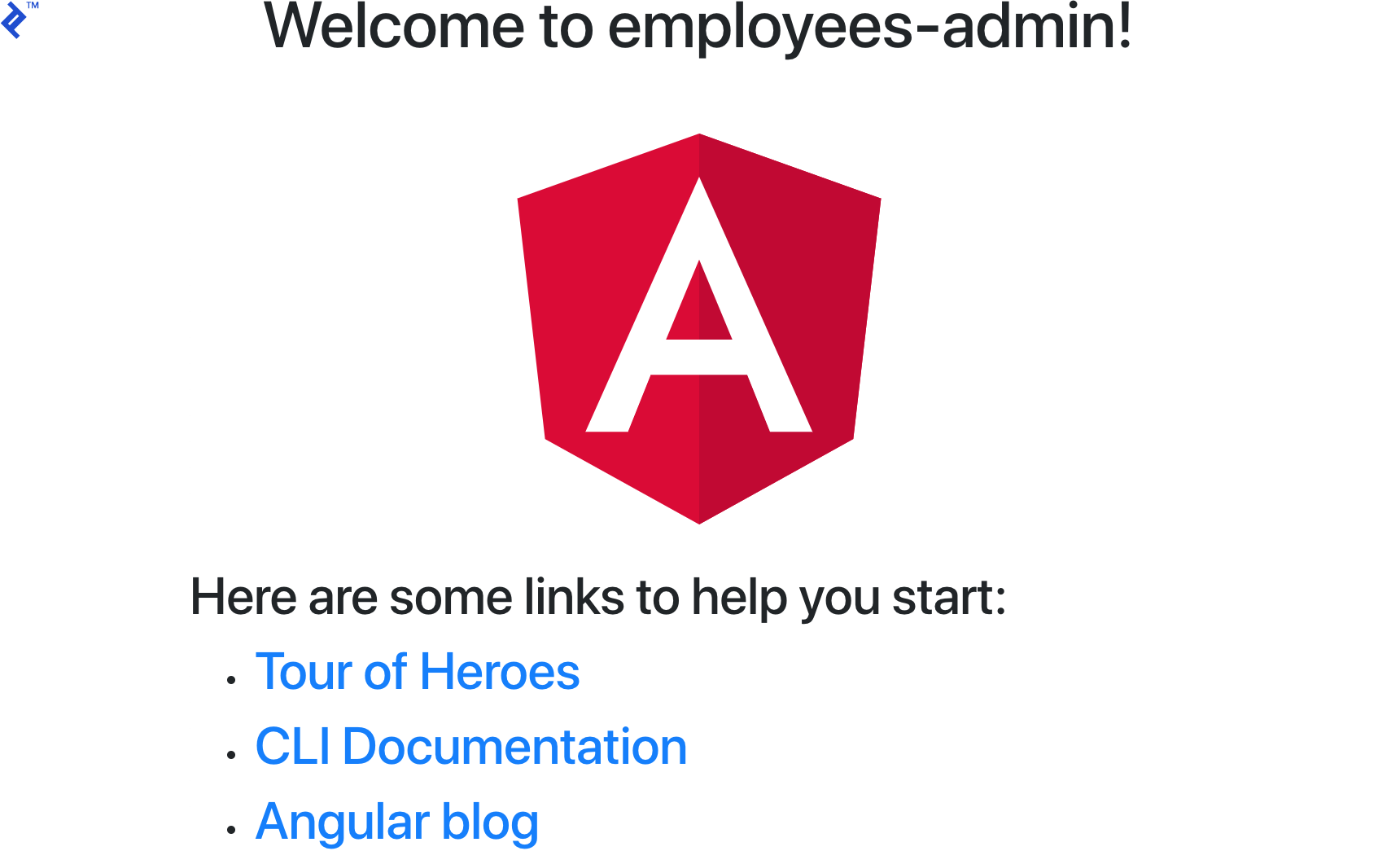The Angular scaffold, saying "Welcome to employees-admin!"